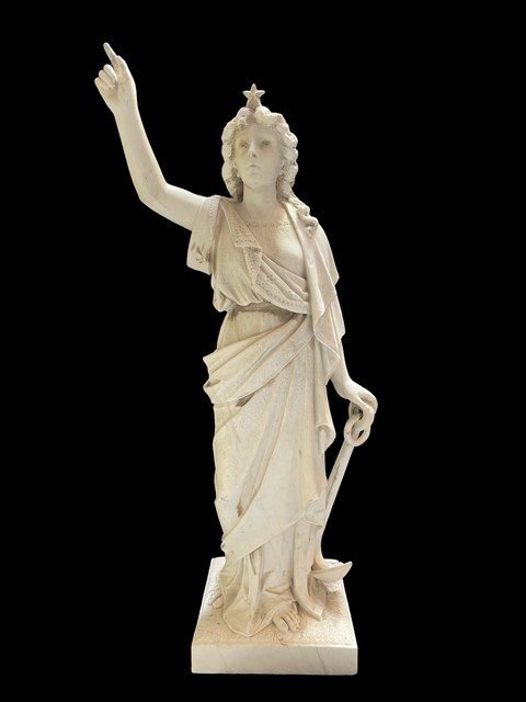 Grande Sculpture En Marbre De Carrare " Dame à l'Ancre " 19ème (110 Cm).-photo-2