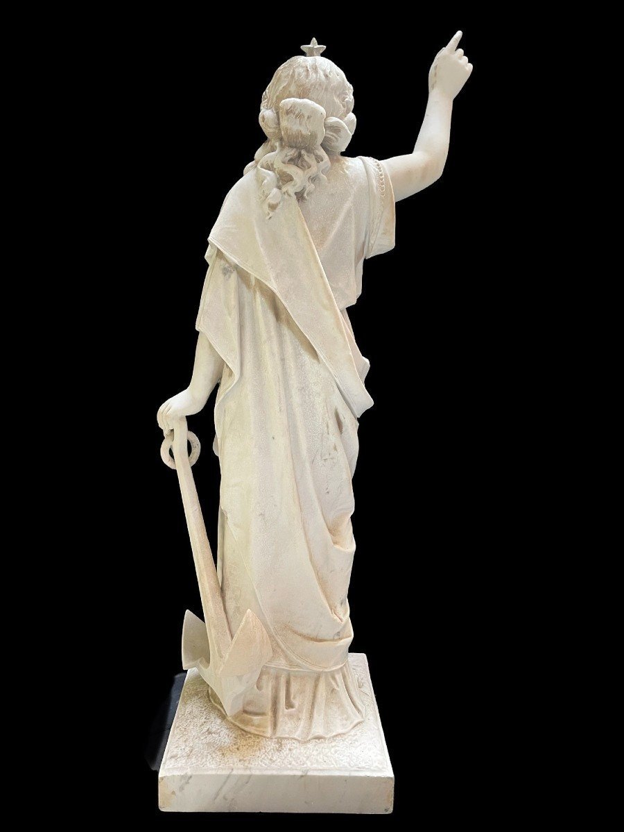 Grande Sculpture En Marbre De Carrare " Dame à l'Ancre " 19ème (110 Cm).-photo-4