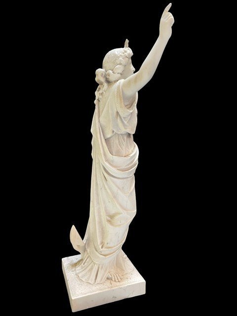 Grande Sculpture En Marbre De Carrare " Dame à l'Ancre " 19ème (110 Cm).-photo-6