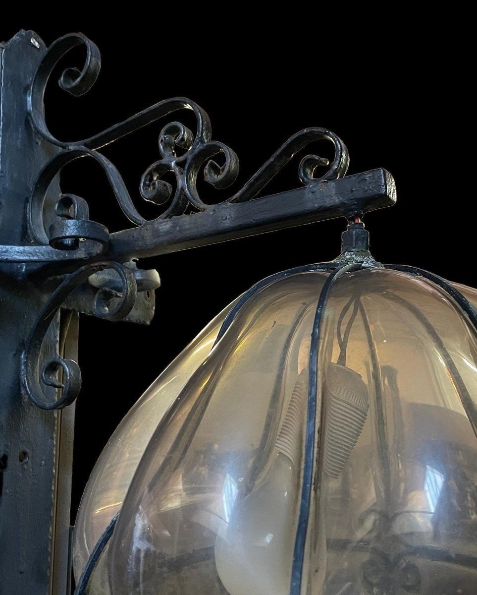 Large Outdoor Lamp / Lantern In Wrought Iron And Curved Glass 1930 (126 Cm)-photo-3