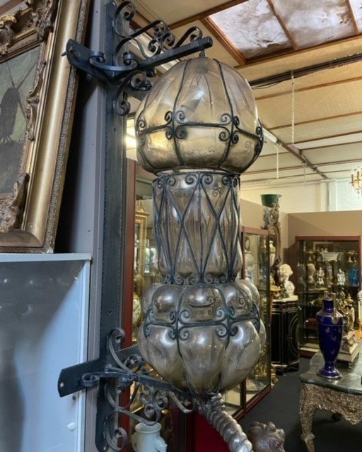 Grande Lampe  / Lanterne  d'Extérieur En Fer Forgé Et Verre Courbé 1930 ( 126 Cm )-photo-6