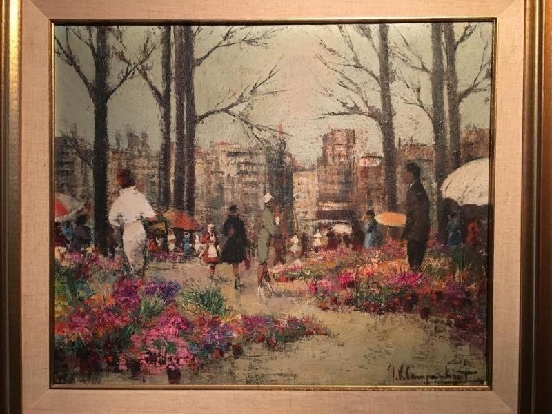 Peinture Huile Sur Toile "marché Aux Fleurs d'été" 20ème.-photo-2