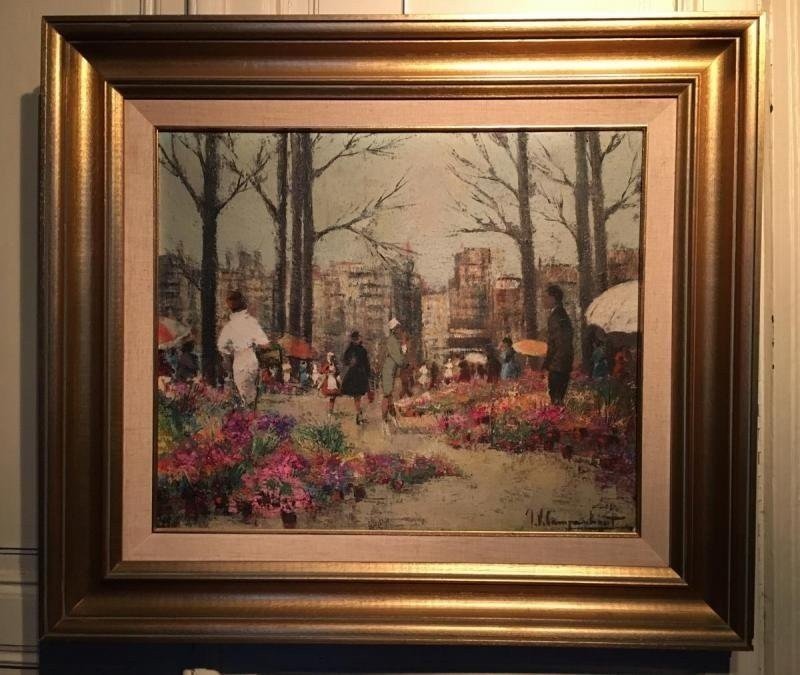 Oil Painting On Canvas "summer Flower Market" 20thc.-photo-3