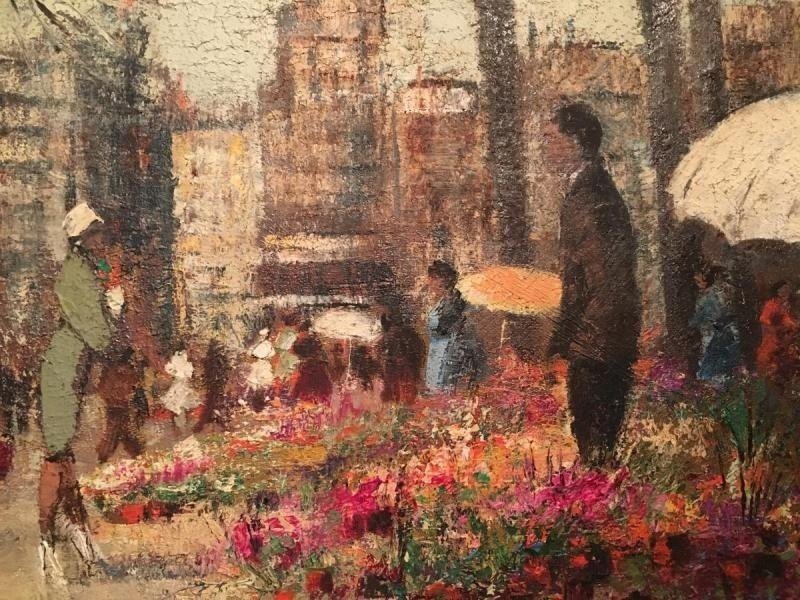 Peinture Huile Sur Toile "marché Aux Fleurs d'été" 20ème.-photo-1