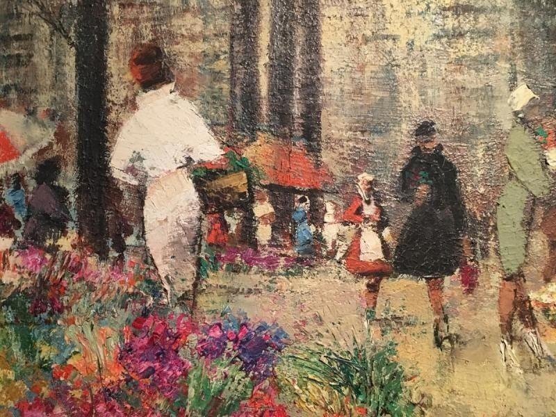 Peinture Huile Sur Toile "marché Aux Fleurs d'été" 20ème.-photo-3