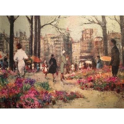 Peinture Huile Sur Toile "marché Aux Fleurs d'été" 20ème.-photo-5