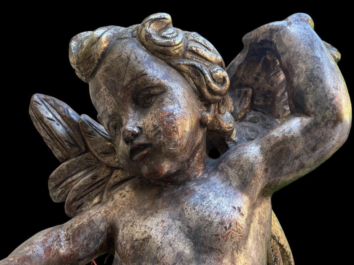 Pair Of Large Angels In Silver/golden Wood Circa 1900 (84 Cm)-photo-4