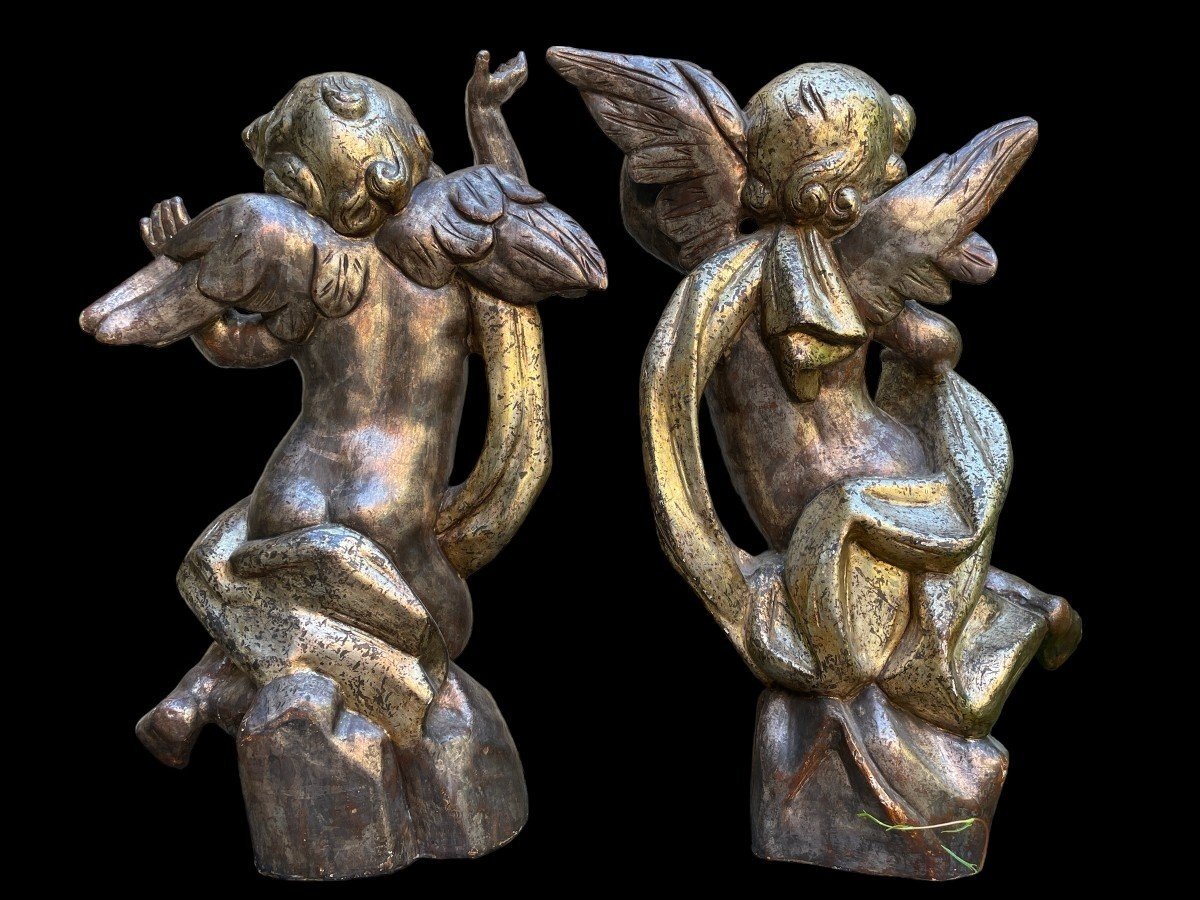 Pair Of Large Angels In Silver/golden Wood Circa 1900 (84 Cm)-photo-3
