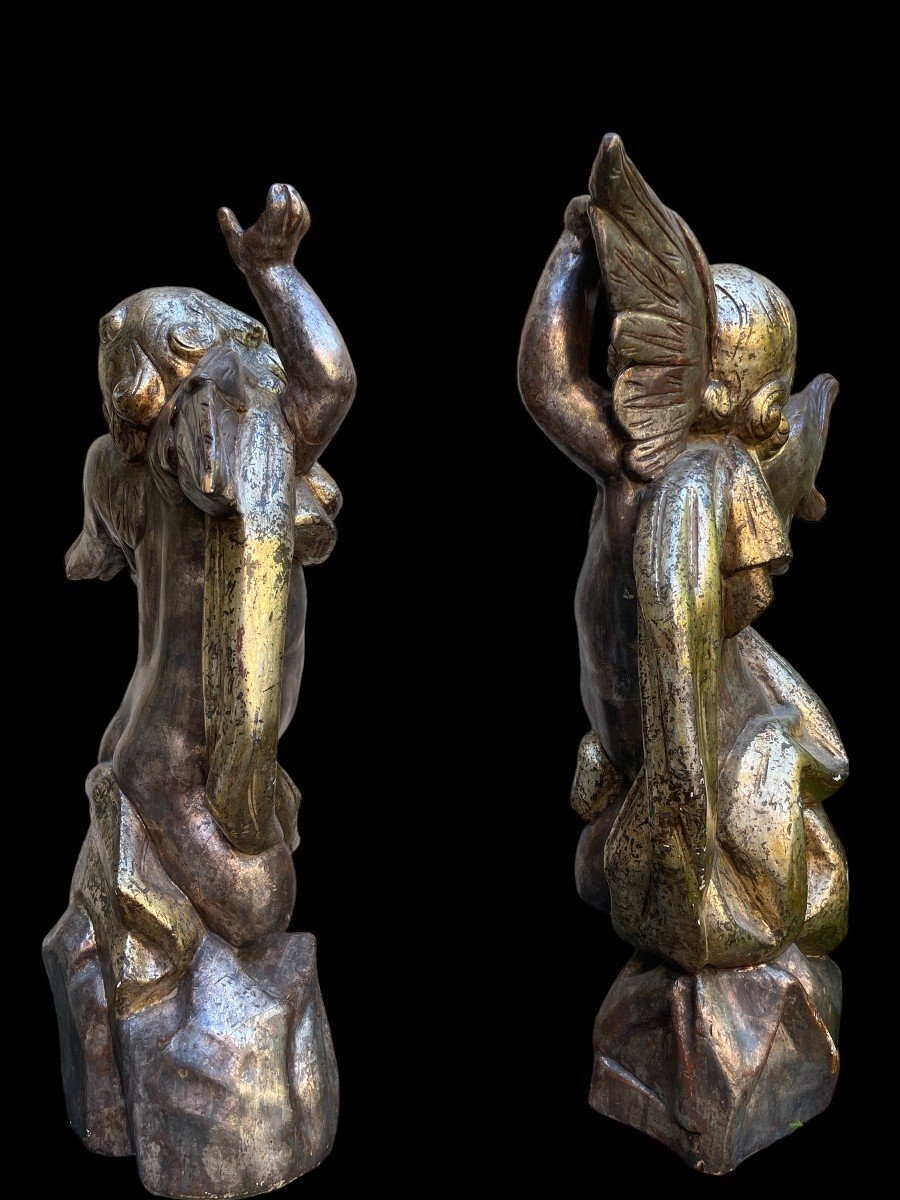 Pair Of Large Angels In Silver/golden Wood Circa 1900 (84 Cm)-photo-4