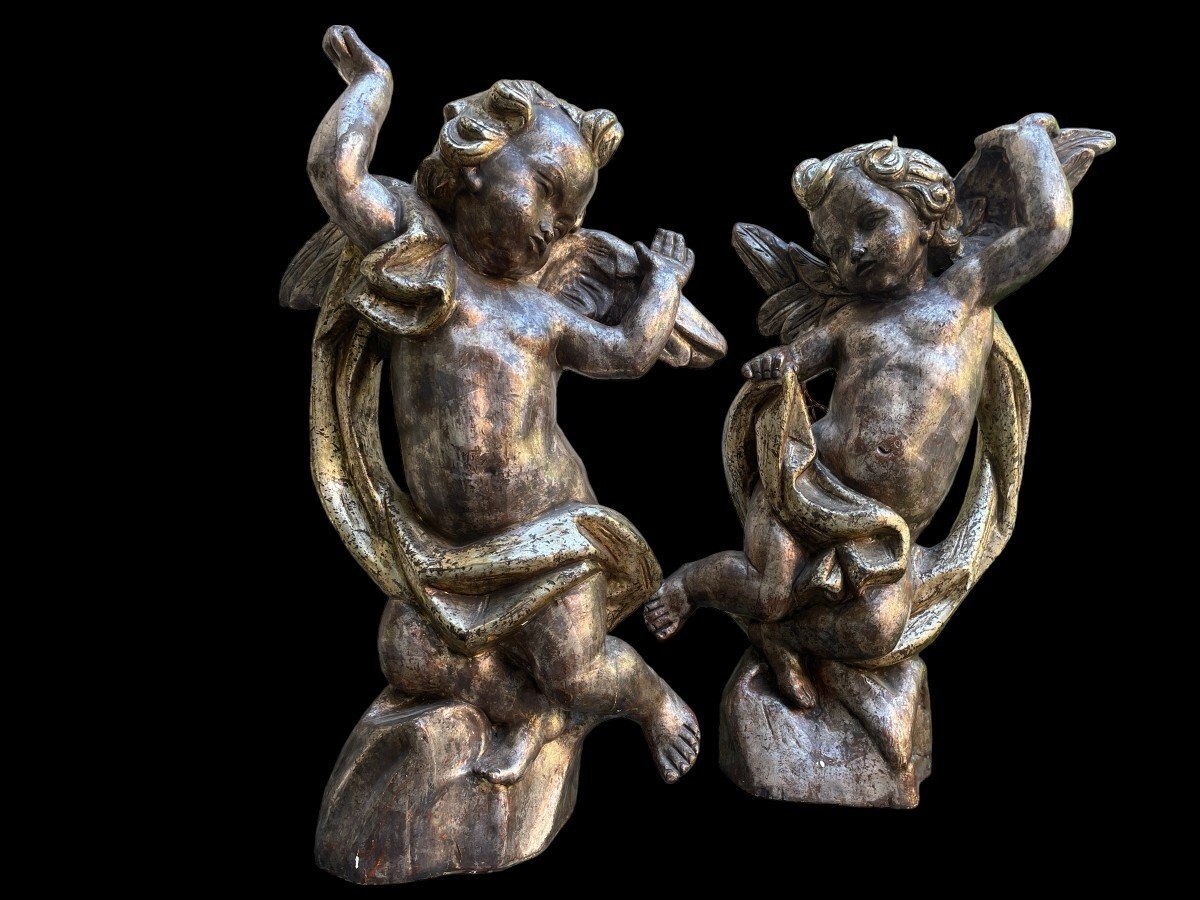 Pair Of Large Angels In Silver/golden Wood Circa 1900 (84 Cm)-photo-6
