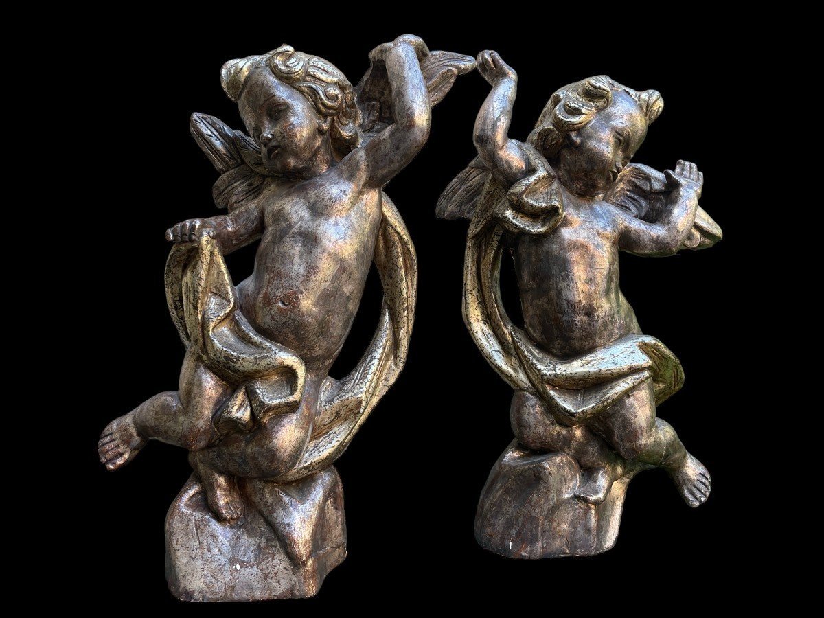 Pair Of Large Angels In Silver/golden Wood Circa 1900 (84 Cm)-photo-7