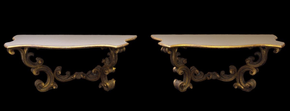 Pair Of Large Consoles In Gilt Wood, Italy 18thc.