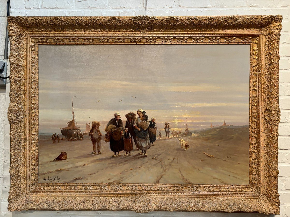 Large Decorative Painting "view Of The Beach" Oil On Canvas 20thc.-photo-6