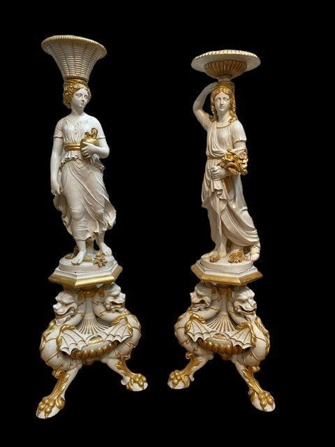 Pair Of Beautiful Sculptures / Shelves On  Wooden Pedestal 19th Century.-photo-2