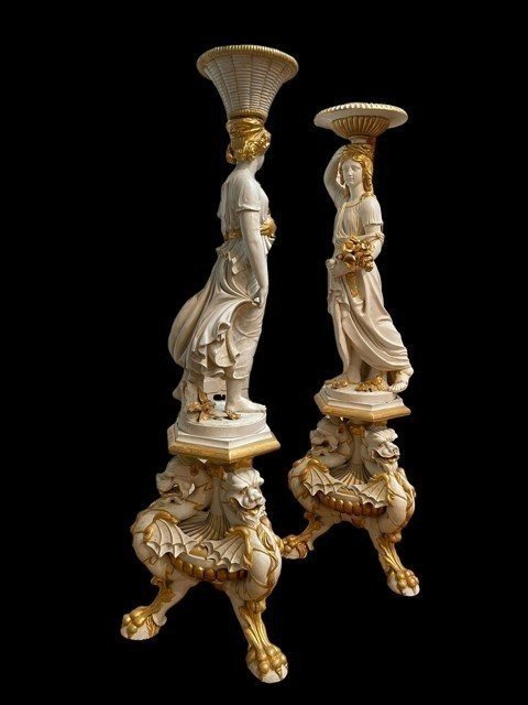 Pair Of Beautiful Sculptures / Shelves On  Wooden Pedestal 19th Century.-photo-4