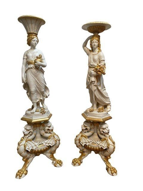 Pair Of Beautiful Sculptures / Shelves On  Wooden Pedestal 19th Century.-photo-2