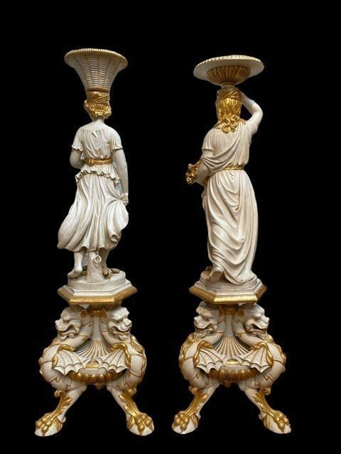 Pair Of Beautiful Sculptures / Shelves On  Wooden Pedestal 19th Century.-photo-5
