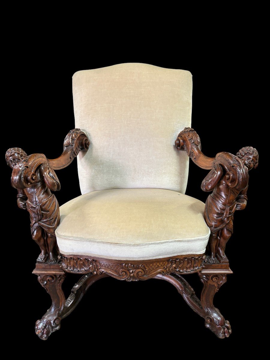 Large Italian Armchair In Walnut 19thc.