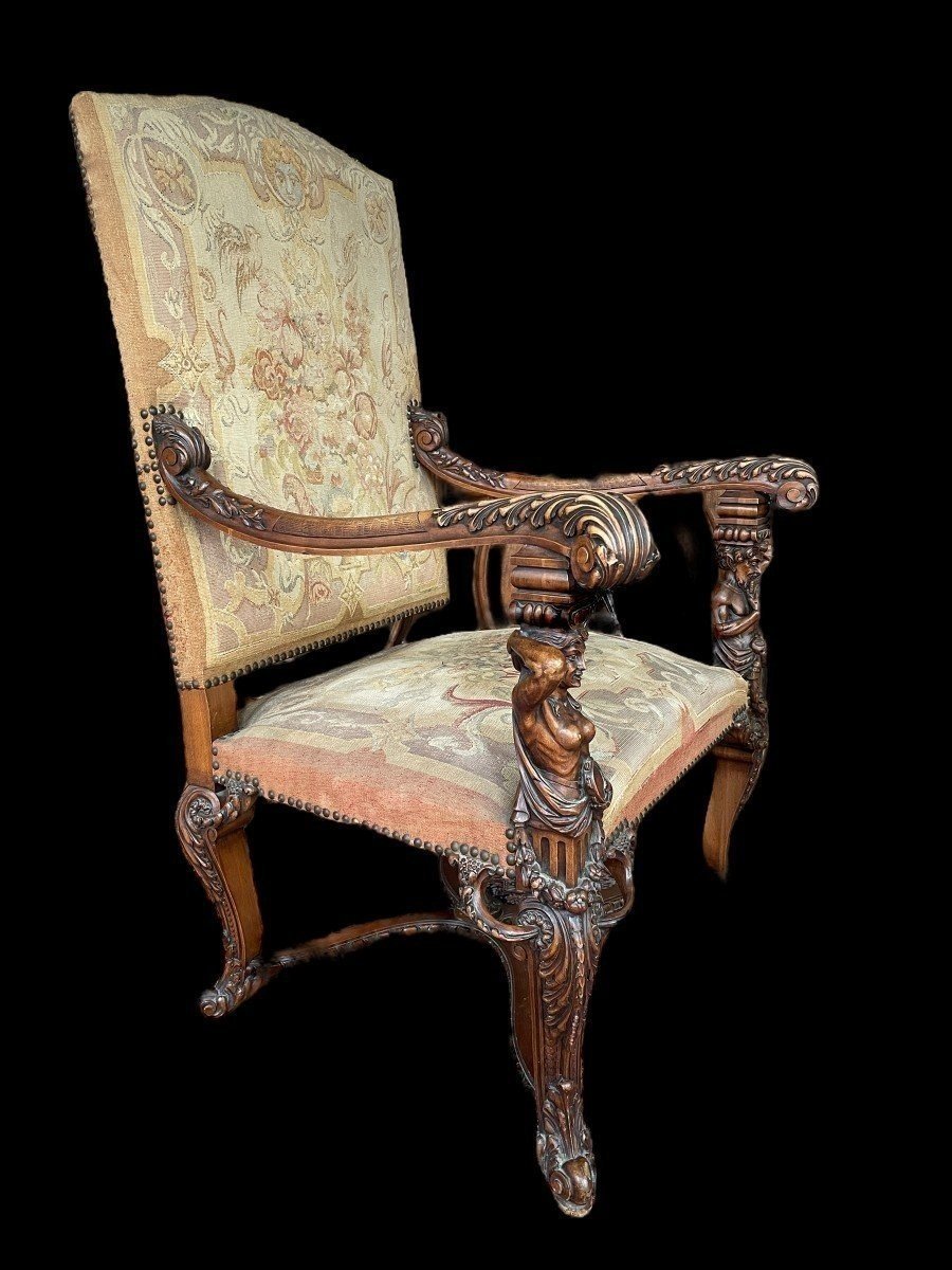 Large "2 Sculptures" Armchair In Walnut With Gobelain Fabric 19thc.-photo-2