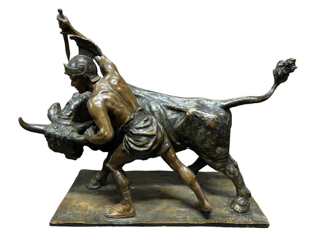 Beautiful Bronze Sculpture Representing A Gladiator Fighting A Bull 19thc.-photo-8