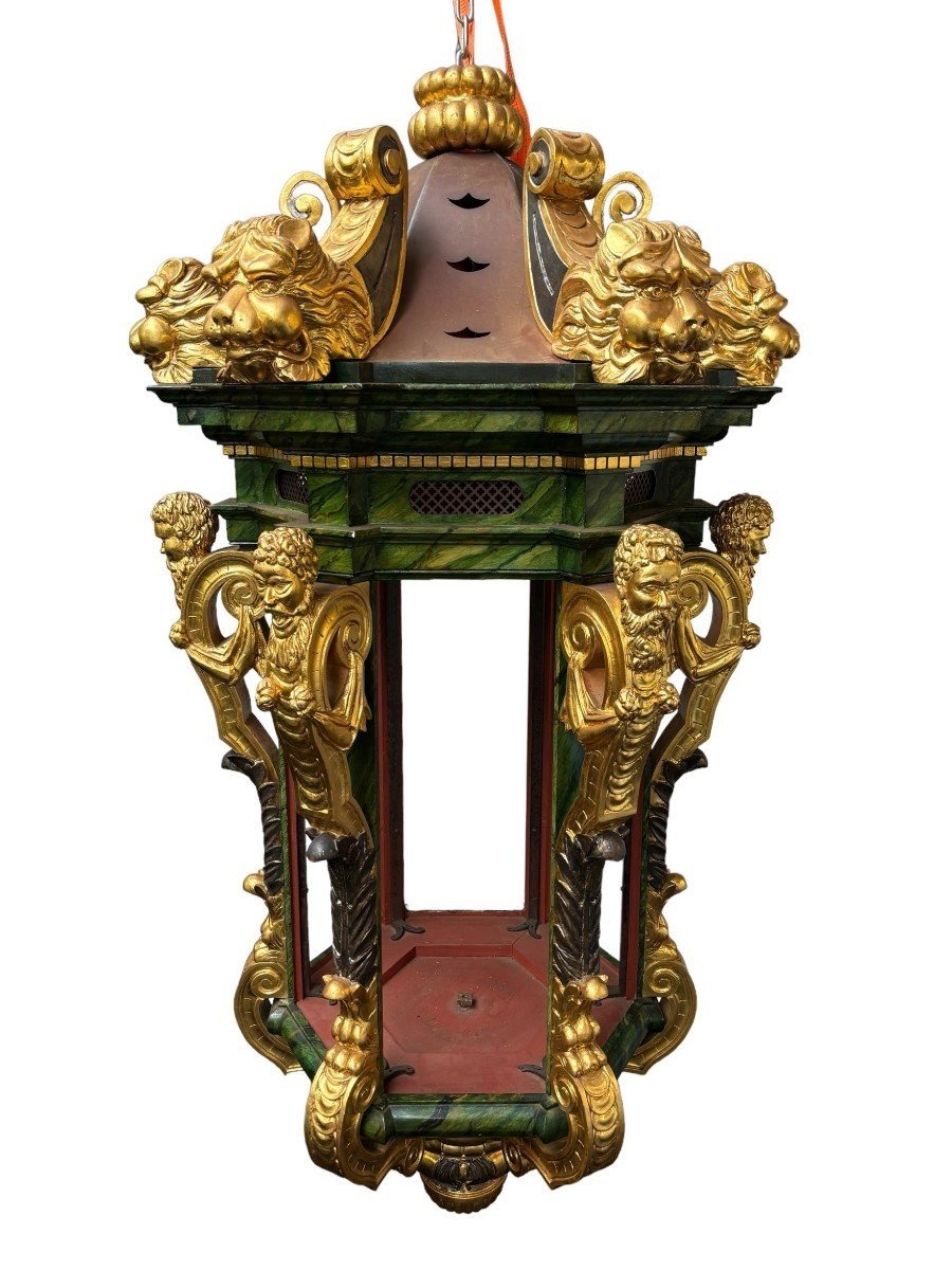 Giant Lantern In Carved Wood After A 17th Century Model. (181 Cm Height!)-photo-3