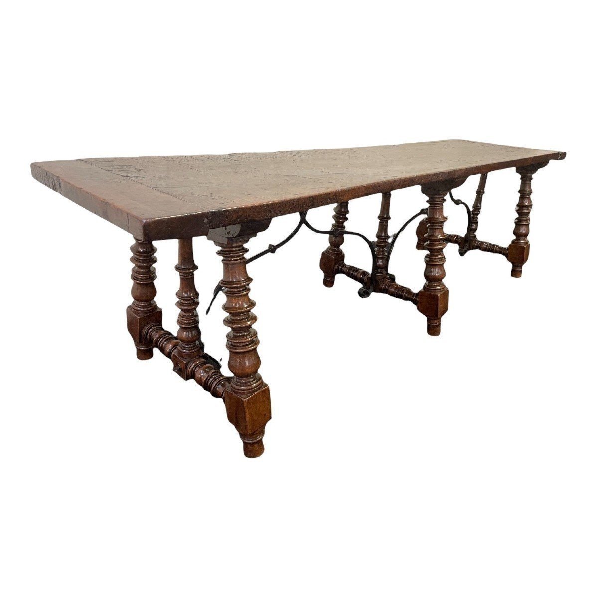 Large Spanish Table With 6 Legs In Walnut 17thc. (266 Cm).-photo-2