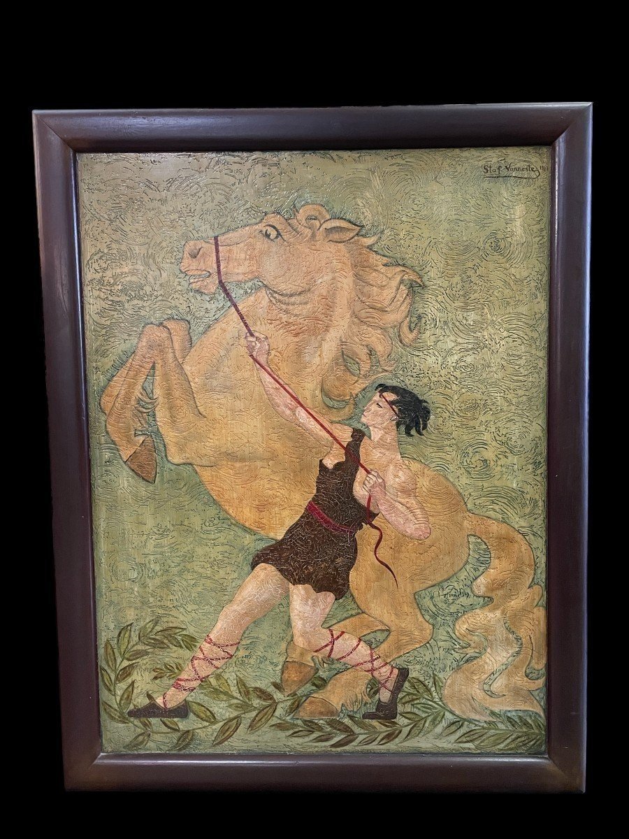 Large Decorative Painting "prancing Horse" Late Art Deco-photo-2