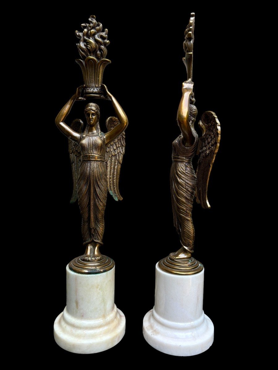 Pair Of "winged Ladies" Sculptures In Bronze On Marble Base 20thc.-photo-2