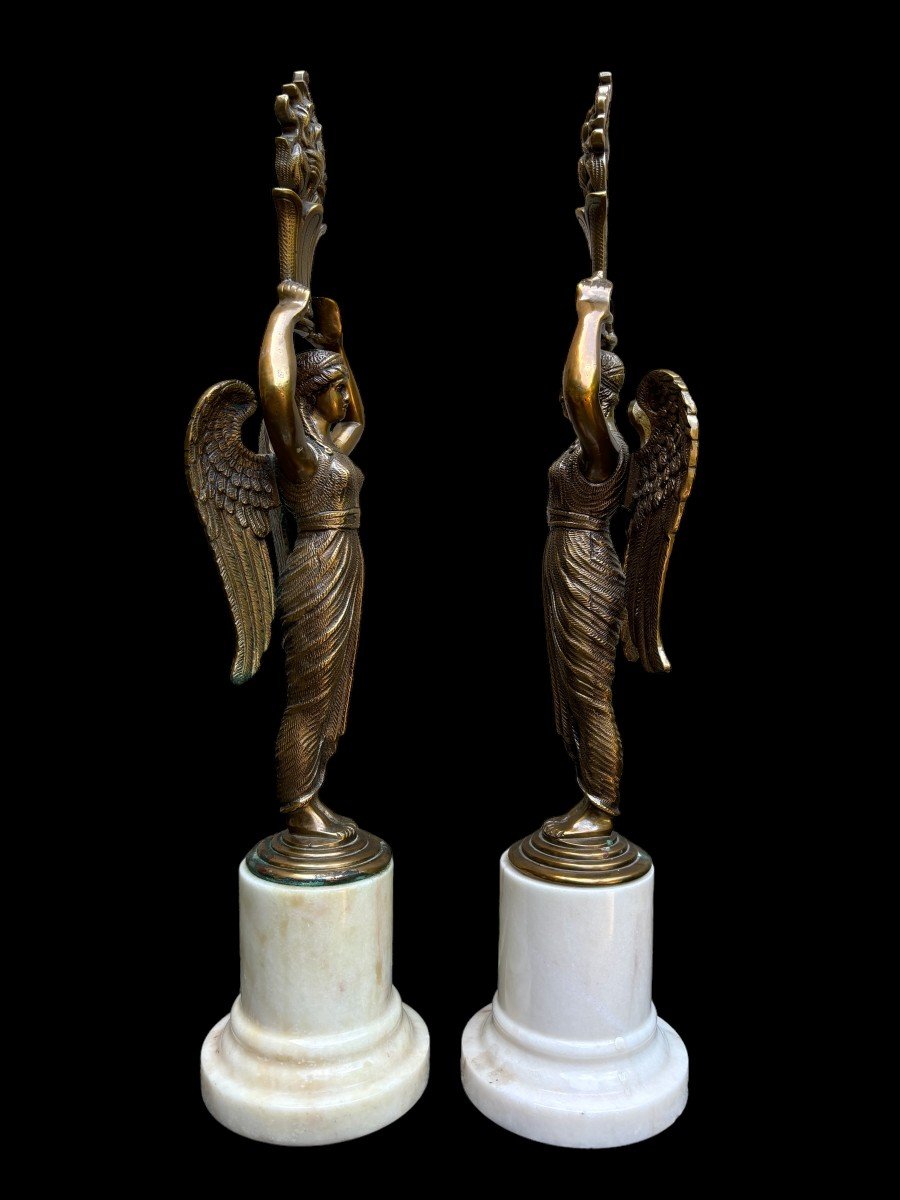 Pair Of "winged Ladies" Sculptures In Bronze On Marble Base 20thc.-photo-3