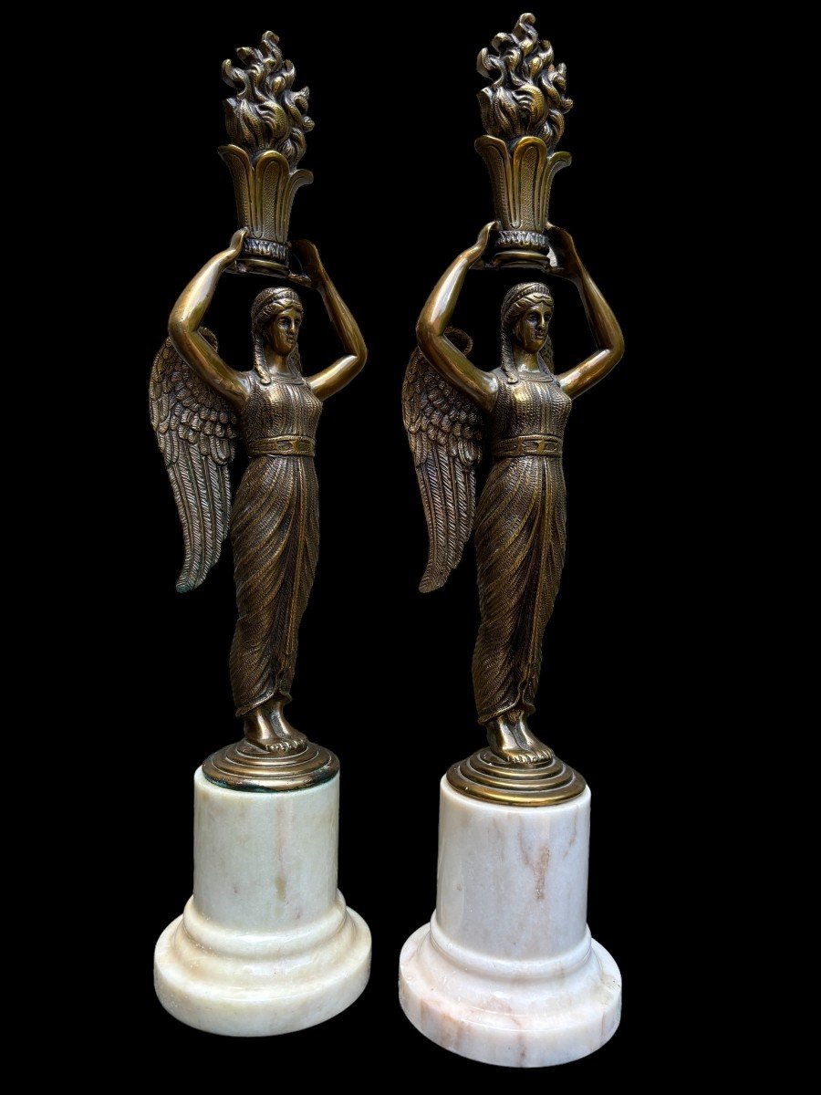 Pair Of "winged Ladies" Sculptures In Bronze On Marble Base 20thc.-photo-4