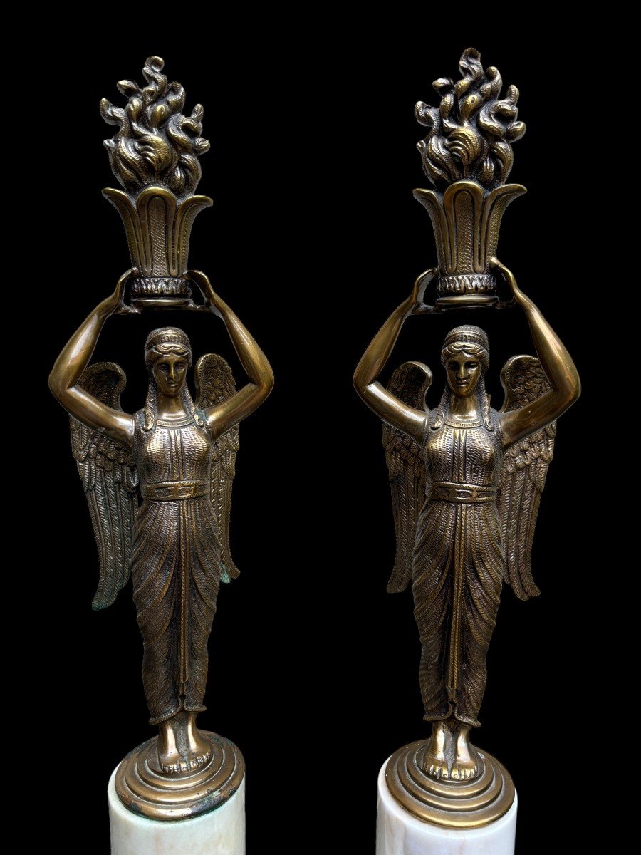 Pair Of "winged Ladies" Sculptures In Bronze On Marble Base 20thc.-photo-1