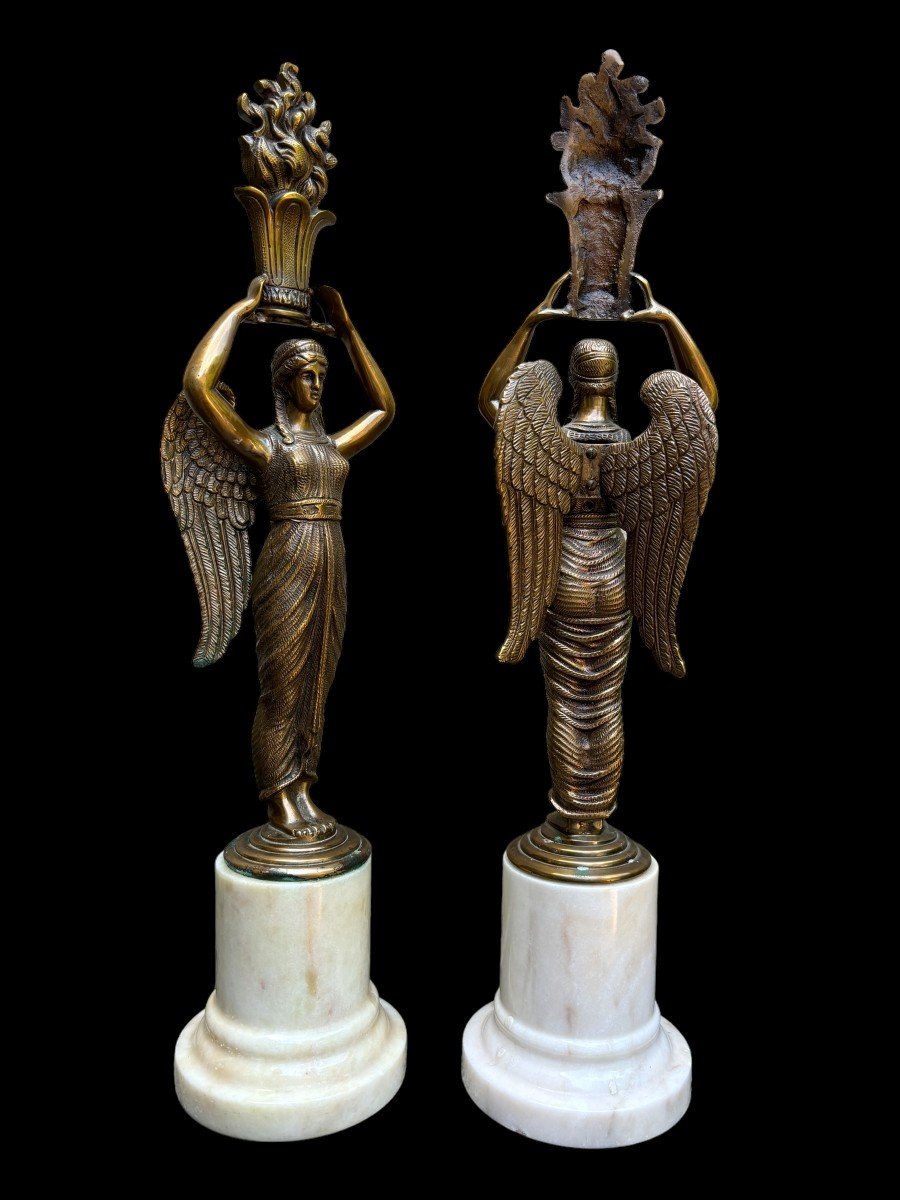 Pair Of "winged Ladies" Sculptures In Bronze On Marble Base 20thc.-photo-3