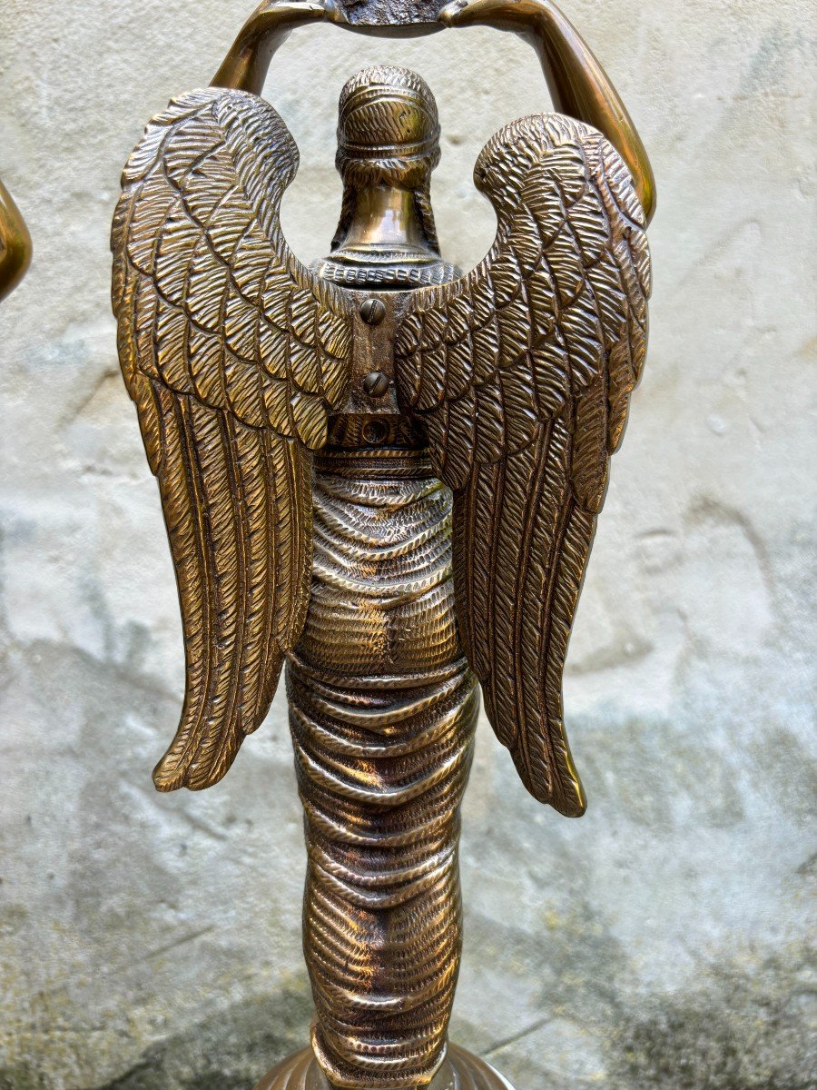 Pair Of "winged Ladies" Sculptures In Bronze On Marble Base 20thc.-photo-6