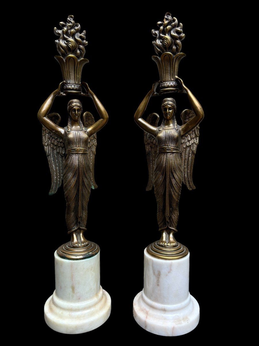 Pair Of "winged Ladies" Sculptures In Bronze On Marble Base 20thc.