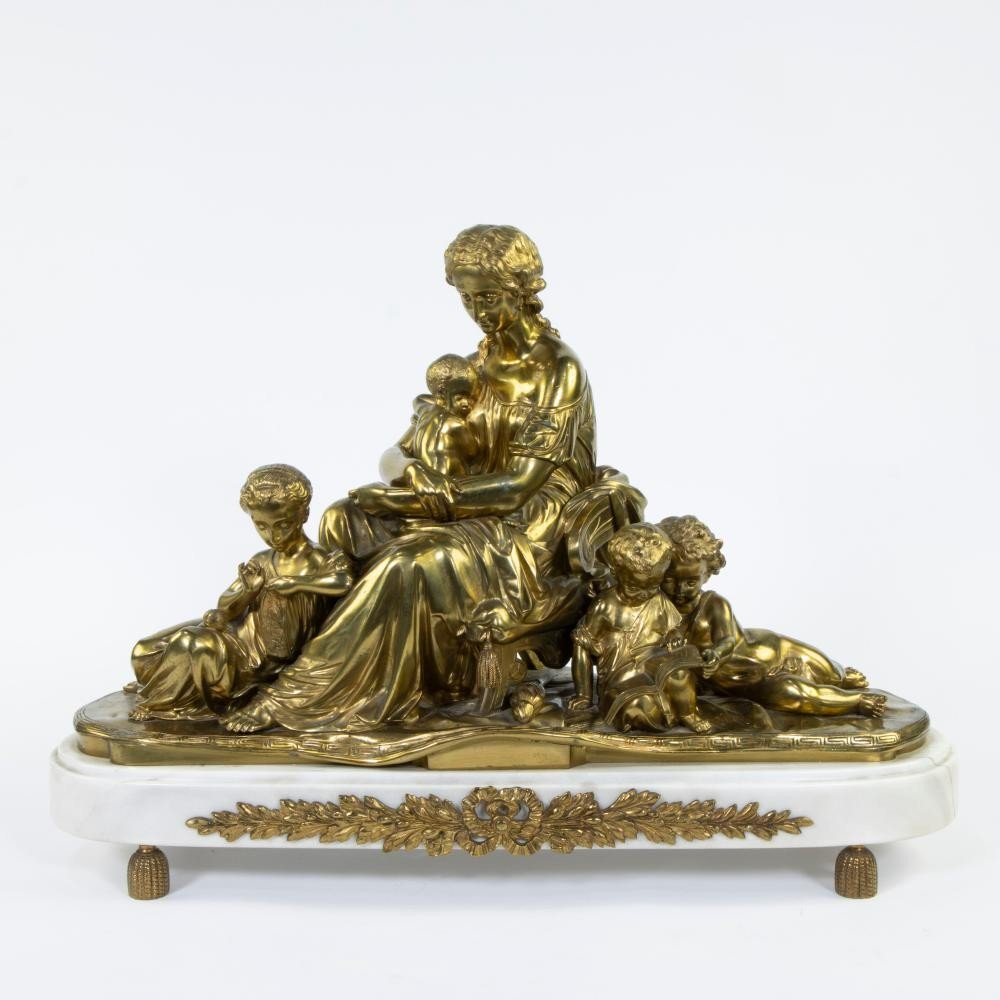 Large Sculpture "mother With 4 Children" In Bronze Napoleon III 19thc.-photo-1