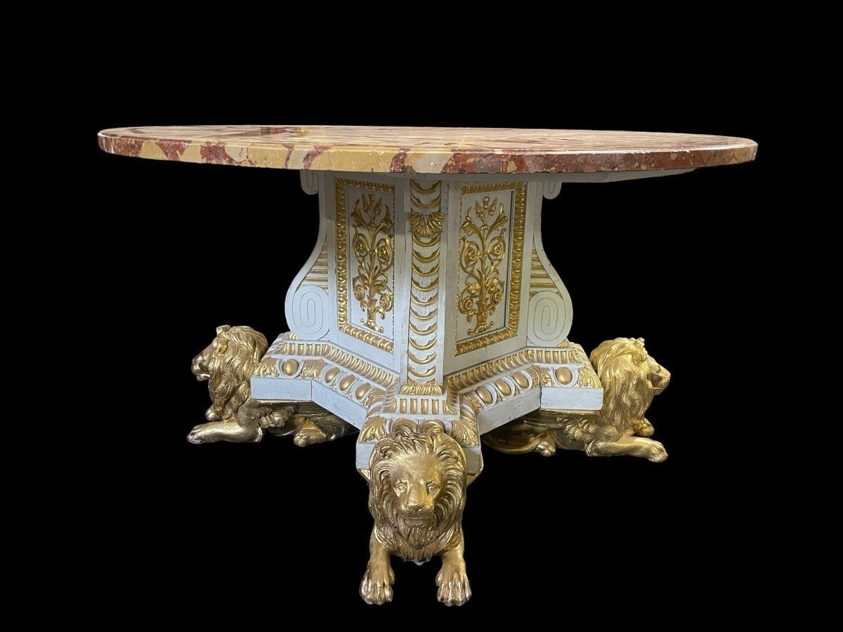 Middle Table In White And Gold Carved Wood, With Round Top In Aleppo Breche Marble.-photo-2