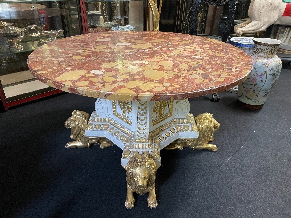 Middle Table In White And Gold Carved Wood, With Round Top In Aleppo Breche Marble.-photo-6