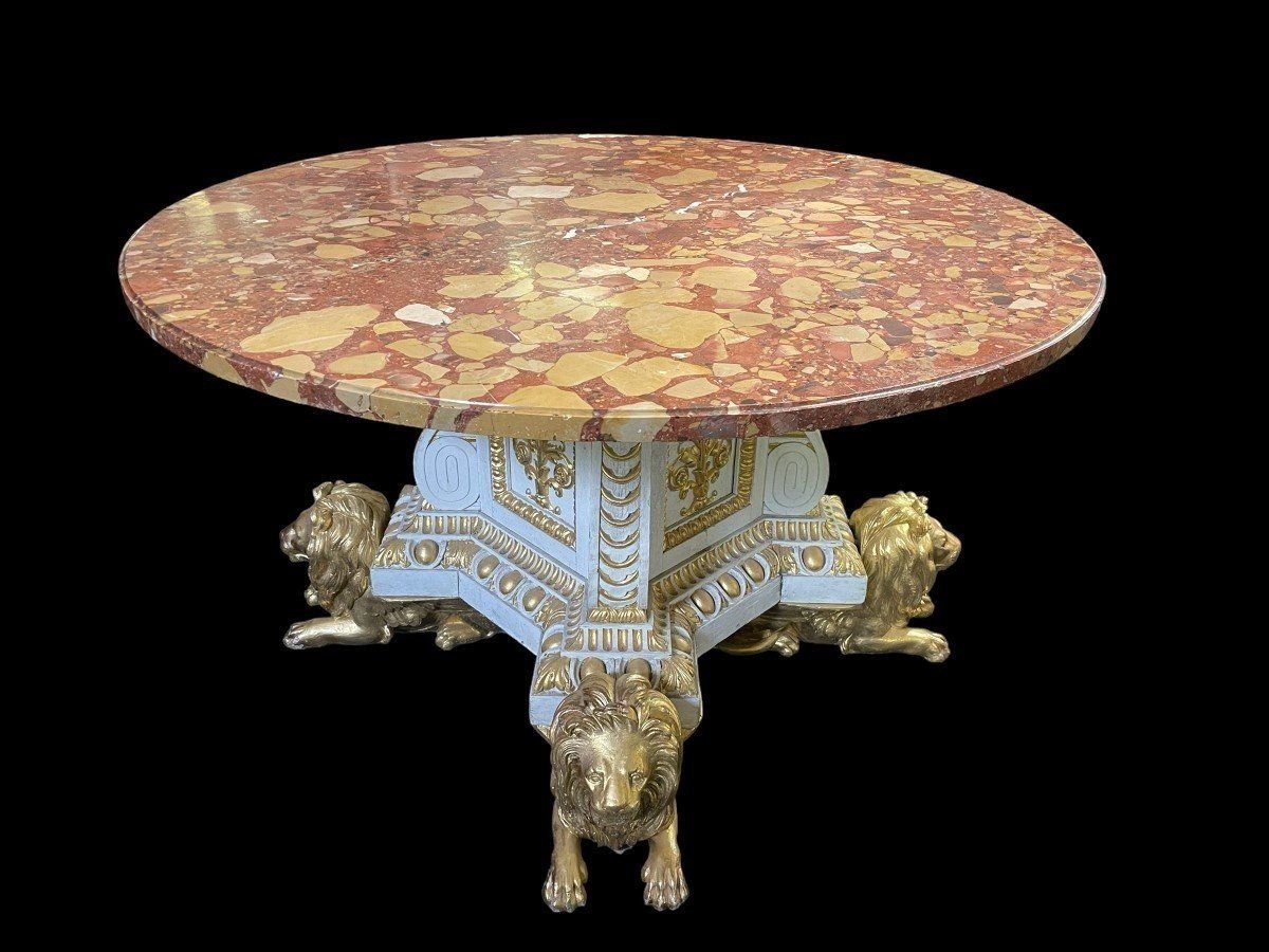 Middle Table In White And Gold Carved Wood, With Round Top In Aleppo Breche Marble.-photo-8