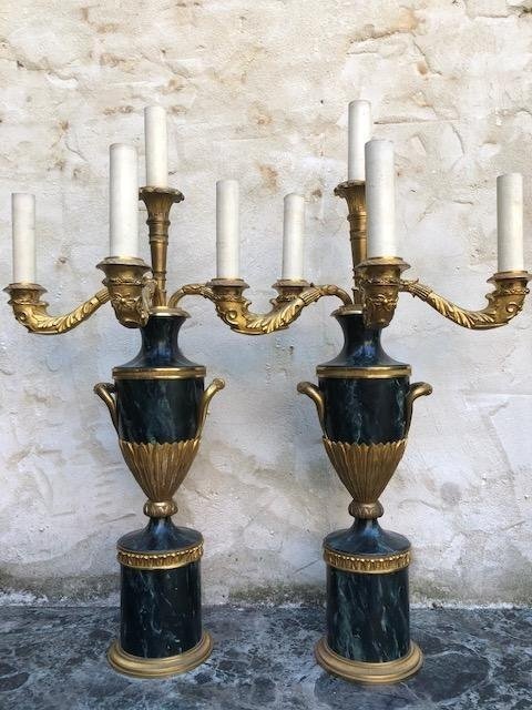 Pair Of Swedish Candelabras In Gilt Bronze / Marbled Metal 1900.-photo-2