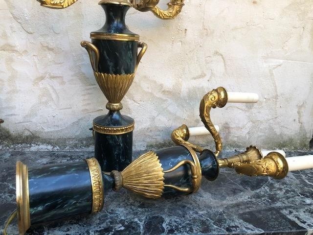 Pair Of Swedish Candelabras In Gilt Bronze / Marbled Metal 1900.-photo-6