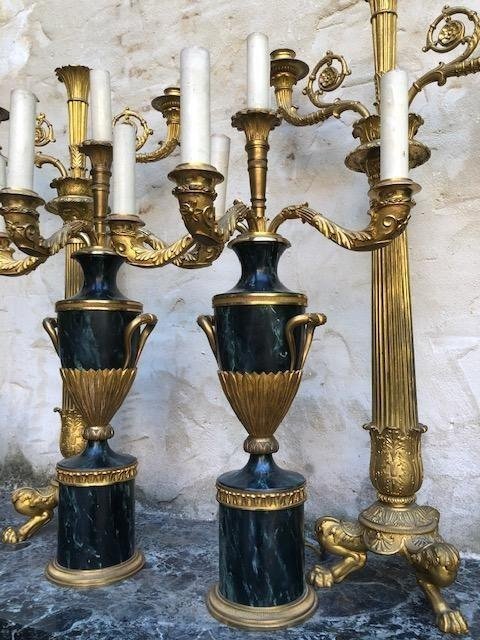 Pair Of Swedish Candelabras In Gilt Bronze / Marbled Metal 1900.-photo-8