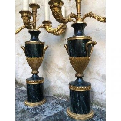 Pair Of Swedish Candelabras In Gilt Bronze / Marbled Metal 1900.