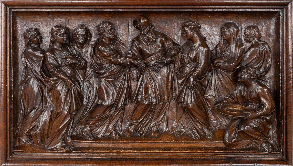 Large Sculpture "representation Of The Virgin At The Temple" In Walnut 18thc.-photo-2