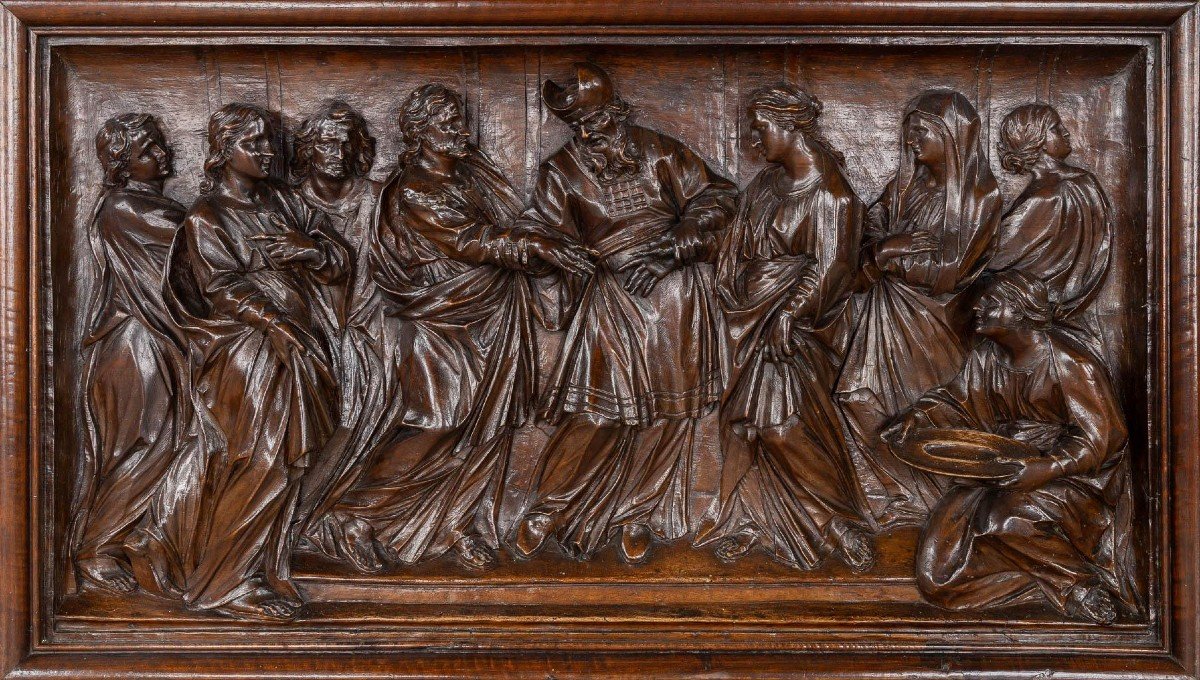 Large Sculpture "representation Of The Virgin At The Temple" In Walnut 18thc.-photo-6