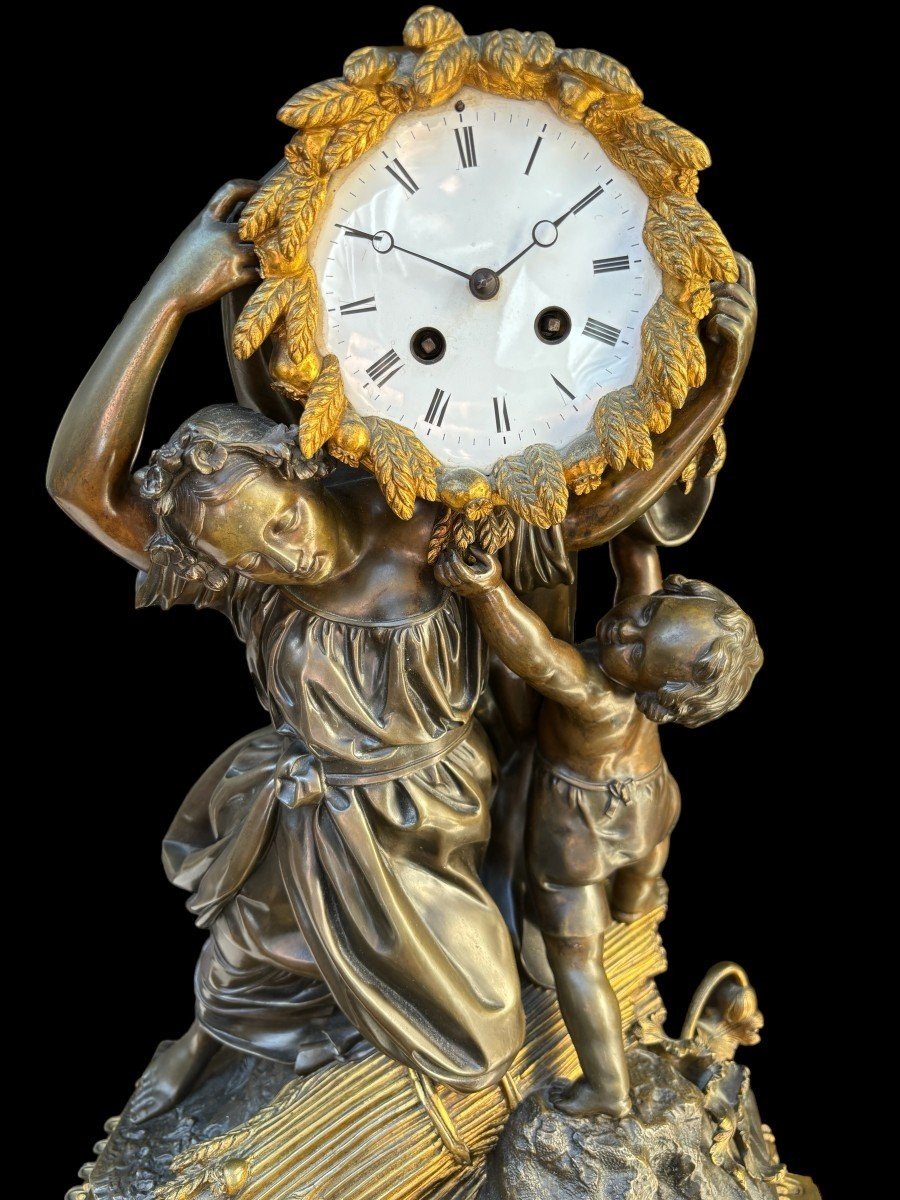 Special Clock "the Grain Harvest" In Patinated/gilded Bronze 19thc.-photo-3