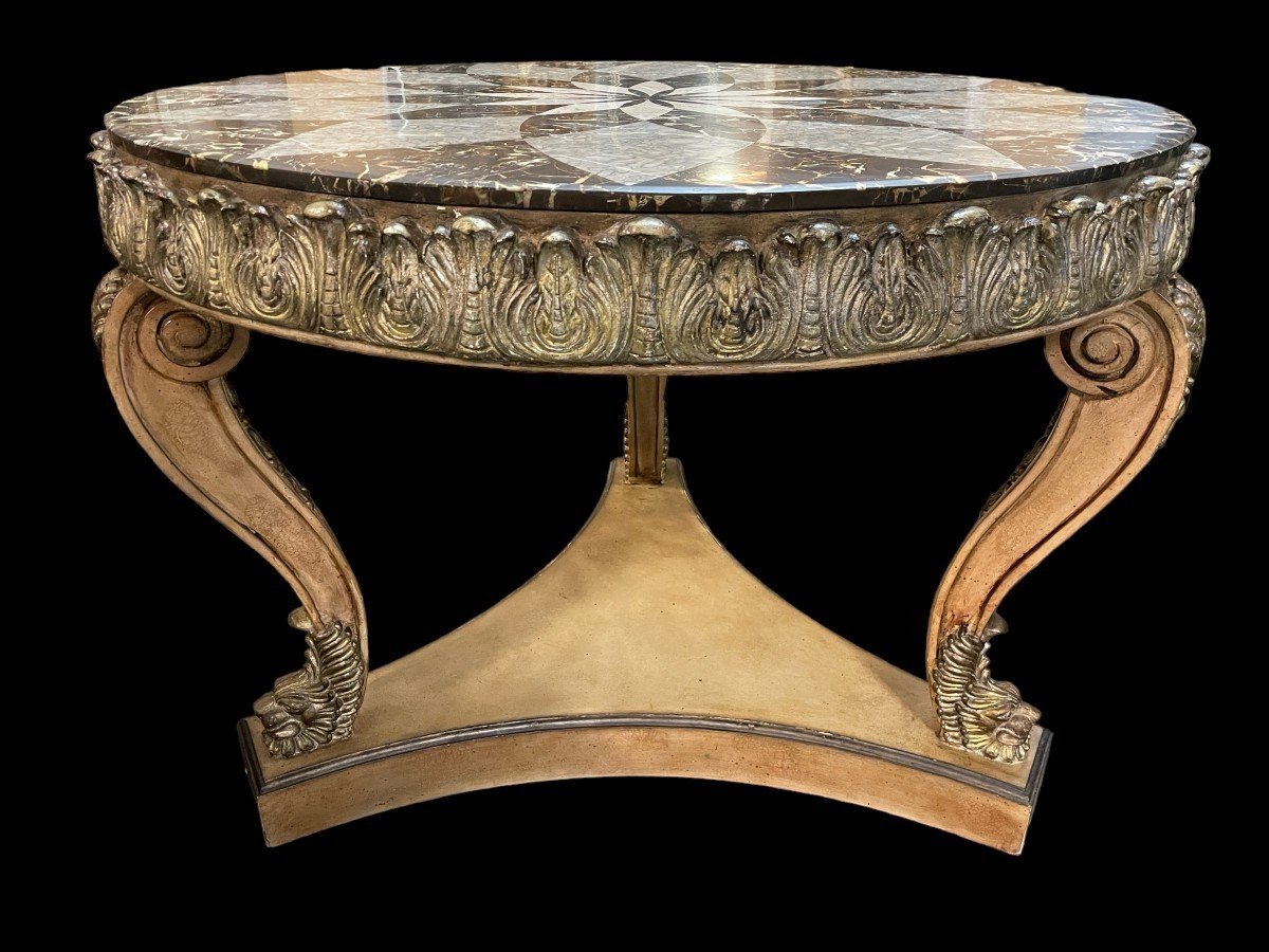 Decorative Center Table With Inlaid Marble Top 20thc.-photo-3
