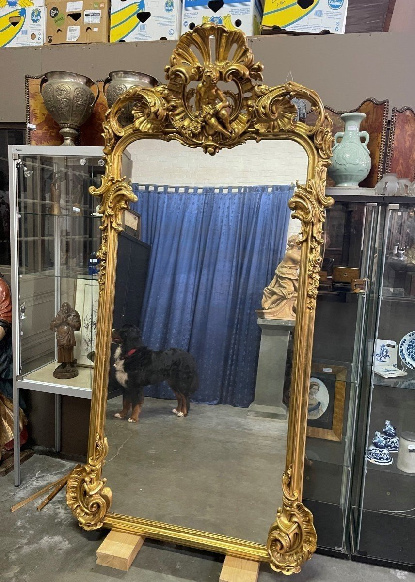 Large Louis XV Style Mirror With Putti In Gilded Wood 19th Century.-photo-3