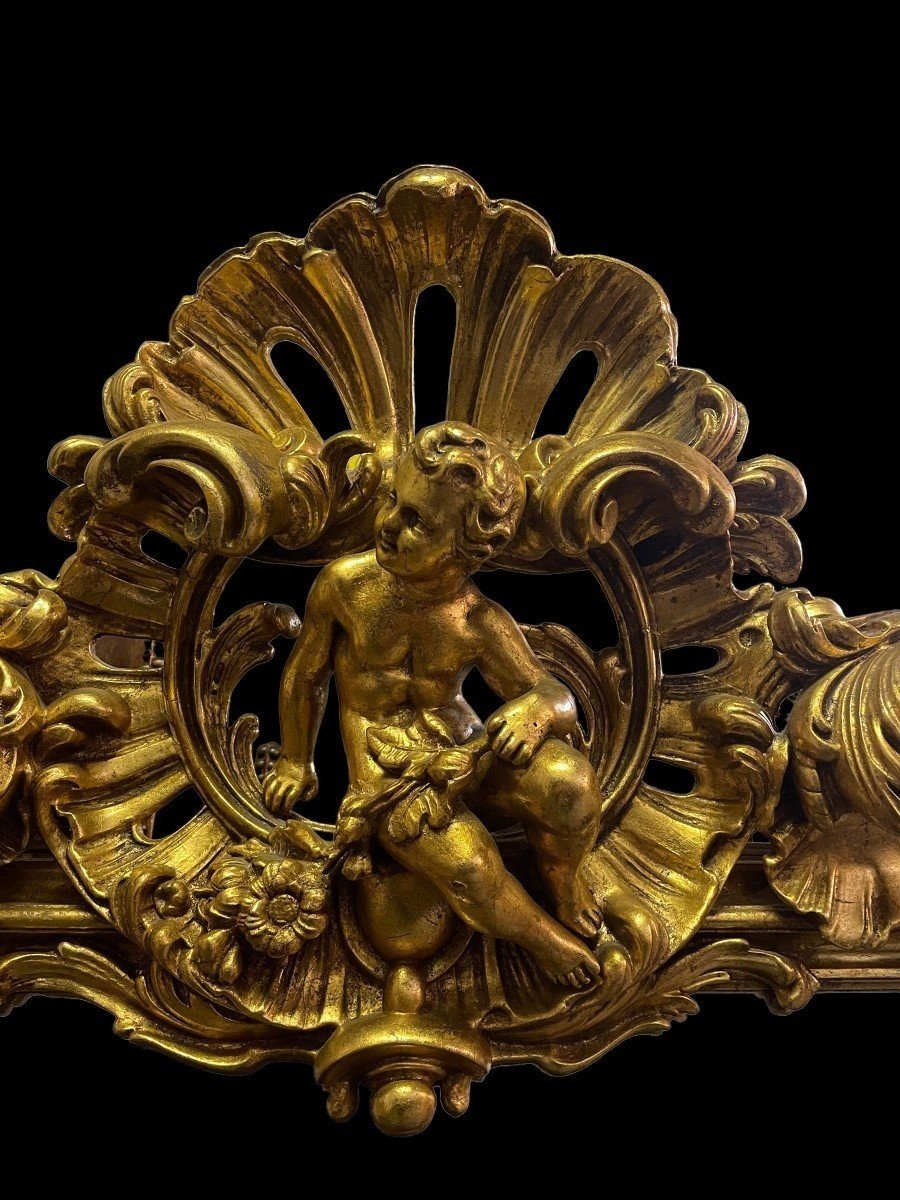 Large Louis XV Style Mirror With Putti In Gilded Wood 19th Century.-photo-1