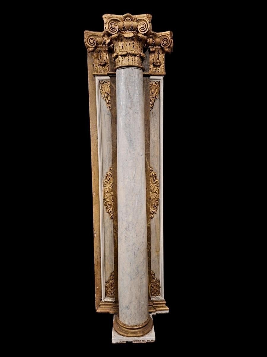 Pair Of Large Columns / Paneling With Corinthian Wooden Capitals 18th Century.-photo-3