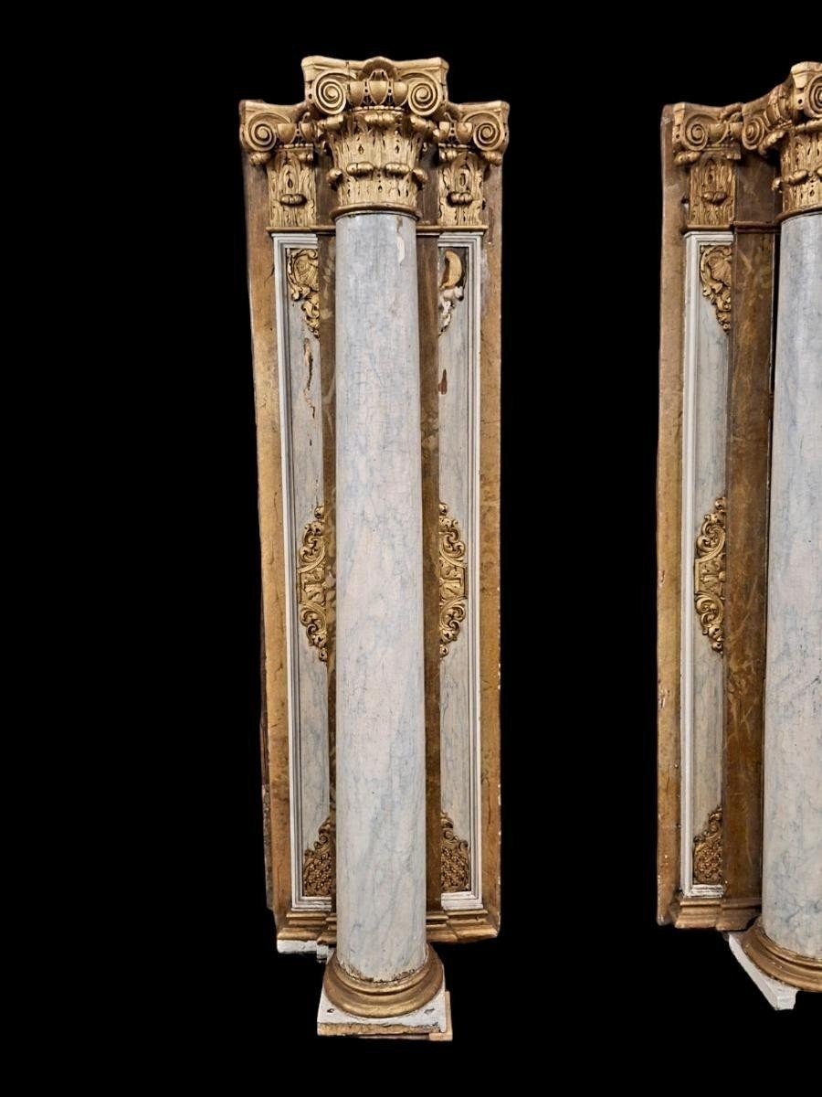 Pair Of Large Columns / Paneling With Corinthian Wooden Capitals 18th Century.-photo-2